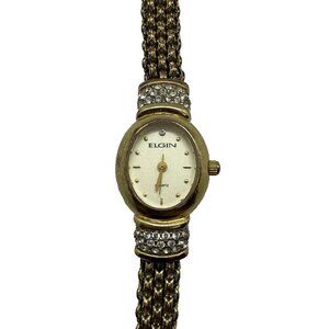 Elgin Quartz ELC004ST Oval Women's Watch Gold Tone Crystal Accent Bracelet 18mm